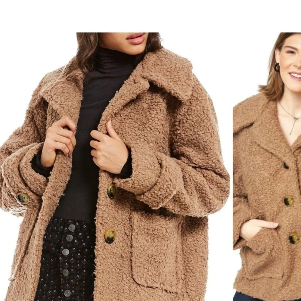 Free People So Soft Cozy Peacoat Teddy Sherpa Coat in Camel/Brown